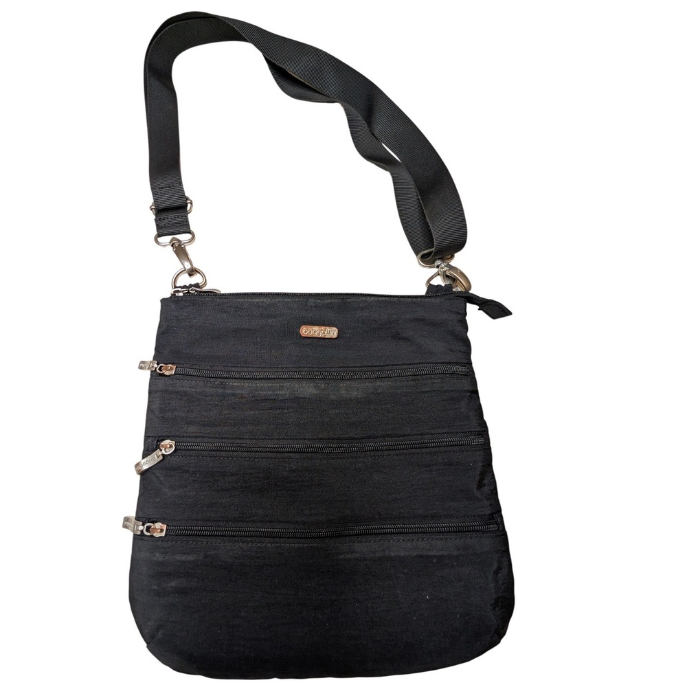 Baggallini Crossbody Bag Womens Medium Black Triple Zip Nylon Travel Everyday